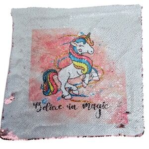 Unicorn Believe in Magic Reversible Sequin Throw Pillow Cover Rose Gold Silver